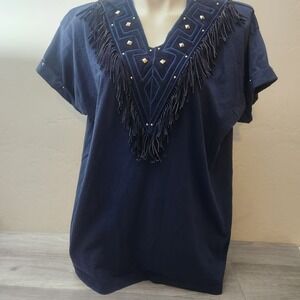 Vintage Blue Shirt Size L Suede Leather Fringe Studded Embroiderd SW Boho Cowboy